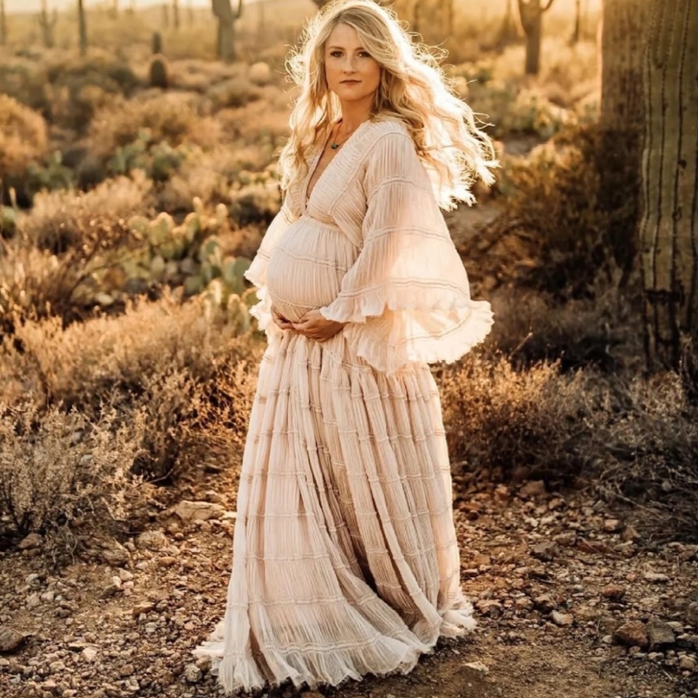 Chic Ruffled Pink Maternity Photoshoot Maxi Dress - Picture 3 of 3